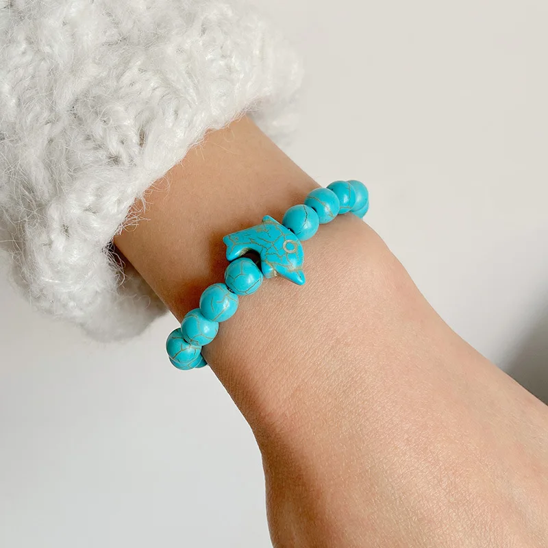 High Quality Gemstone Dolphin Bead Bracelet 8mm Natural Stone Blue Turquoise Cross Elastic Beads Bracelet for Men and Women
