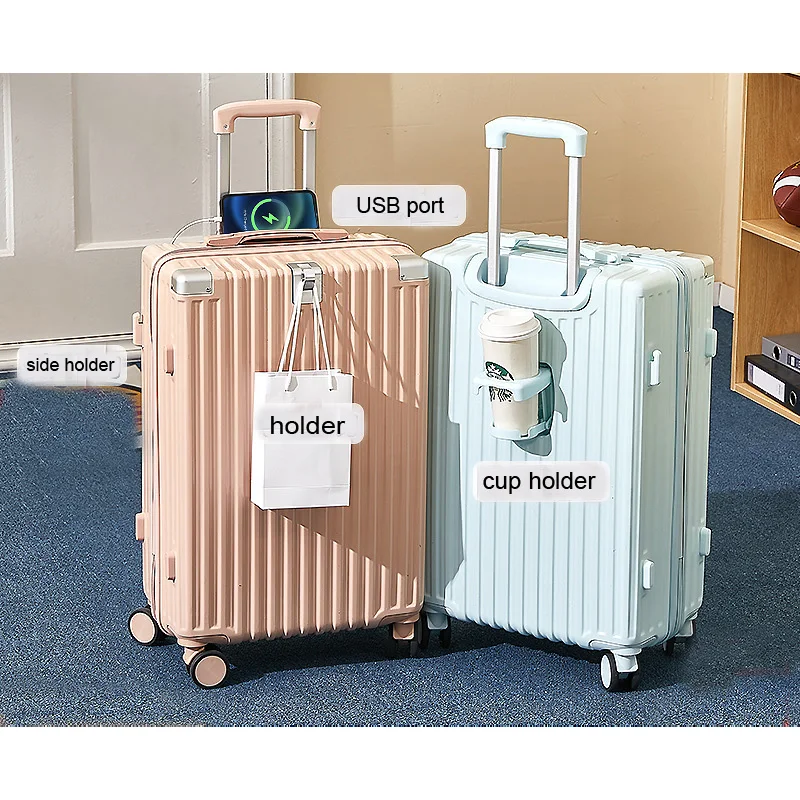 Koowo New Arrival Vintage Multifunctional Abs PC Luggage Hardside Luggage Suitcase With Cup Holder and USB Charge