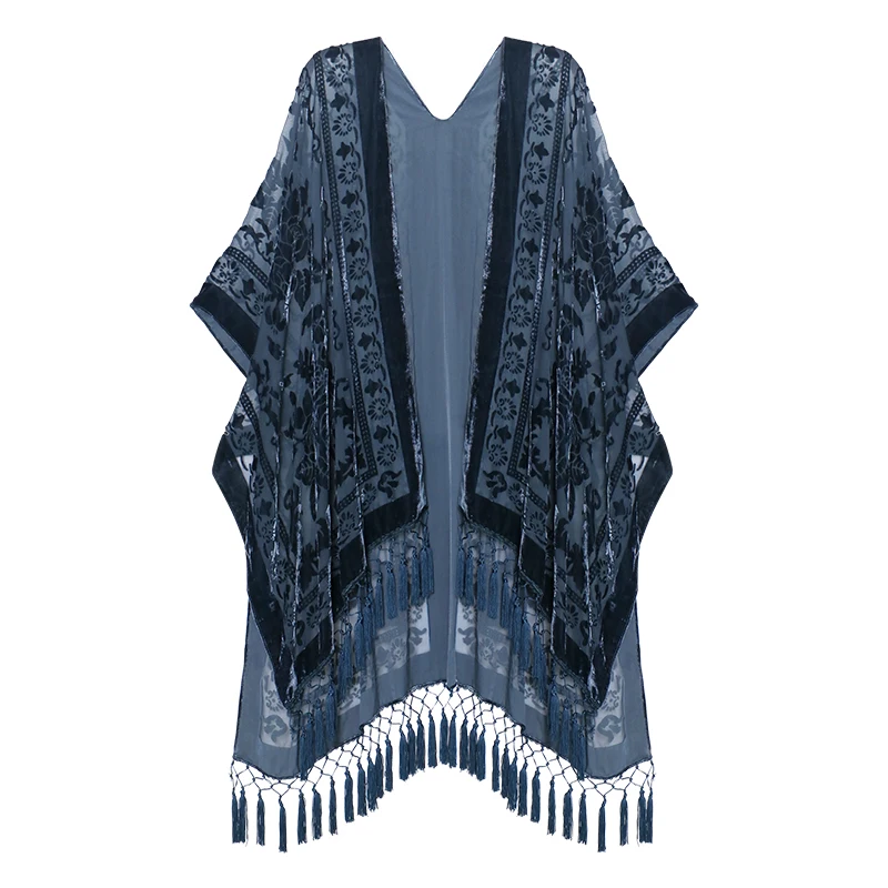 High quality velvet Cardigan fashion women burgundy velvet floral burnout kimono