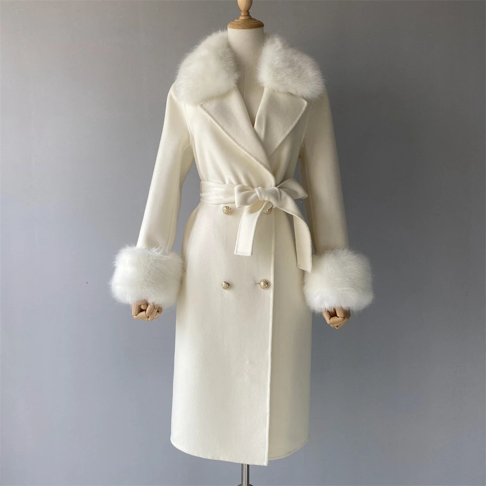 New Trending Handmade Sew High Quality Wholesale Custom Color Belt Design Women Faux Fur Wool Coat Cashmere