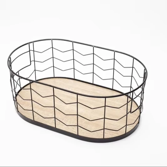 Portable Rectangle Black Metal Iron Wire Sculpt Fruit Storage Basket With Density Board Wood Base