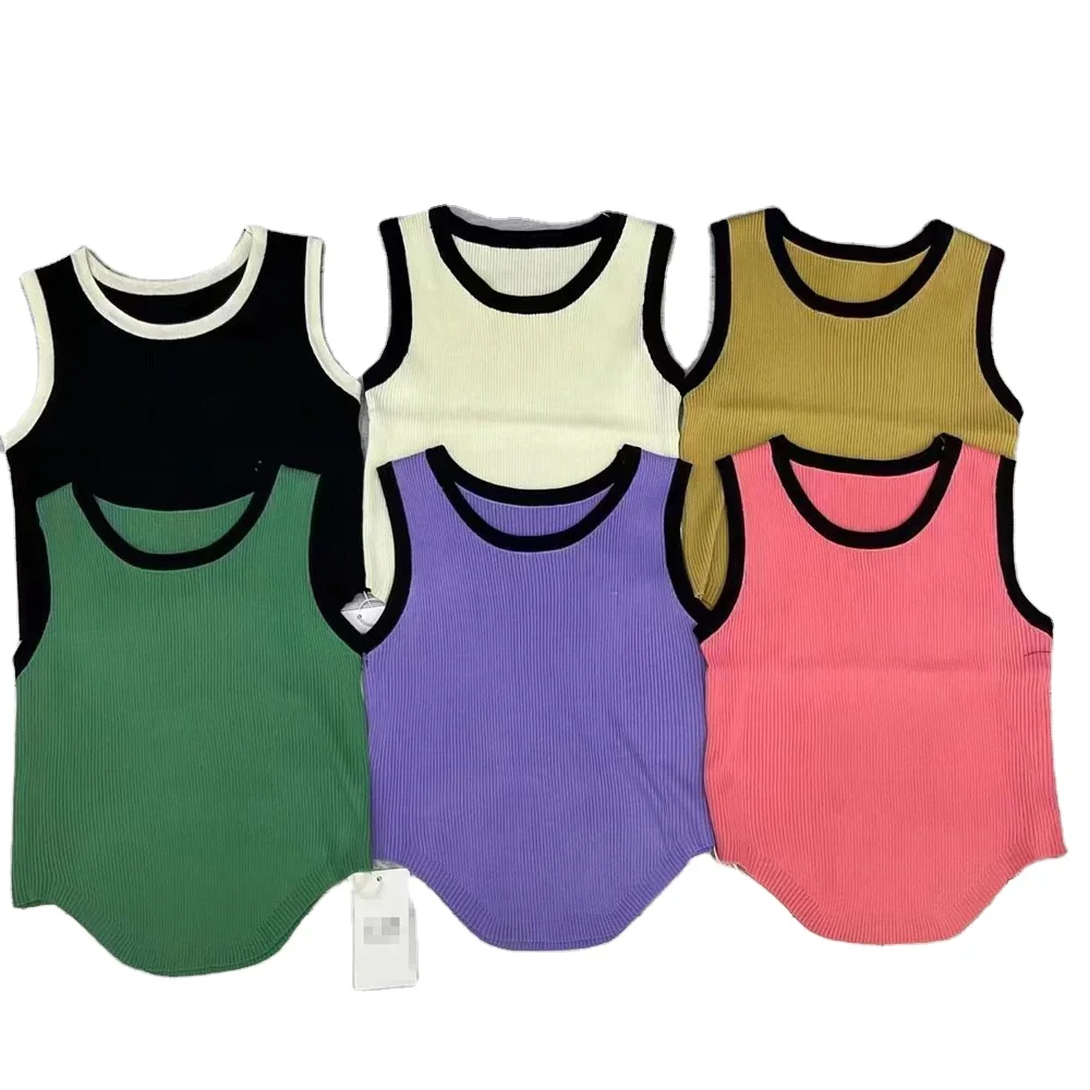 Women Knitted Black White Purple Yellow Green Rib Tank Sleeveless T Shirts Sexy Slimming Casual Vest
