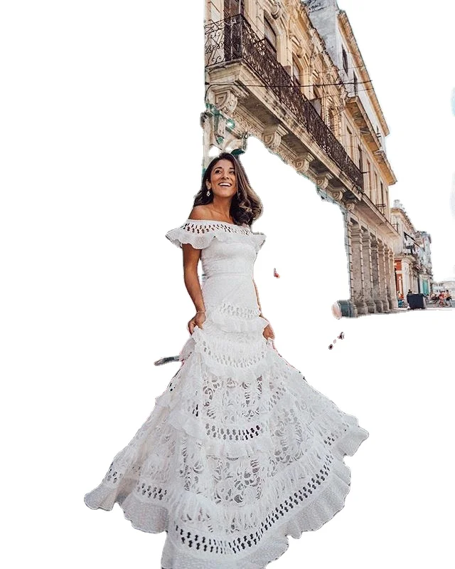 Однотонное кружевное длинное платье большого размера с одним открытым плечом и воланом по краю