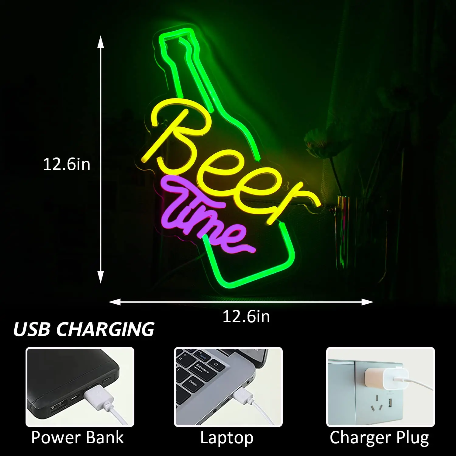 Beer Time Neon Signs Beer Bottle Led Neon Light Wall Decor Neon Sign Light for Art Wall Decor