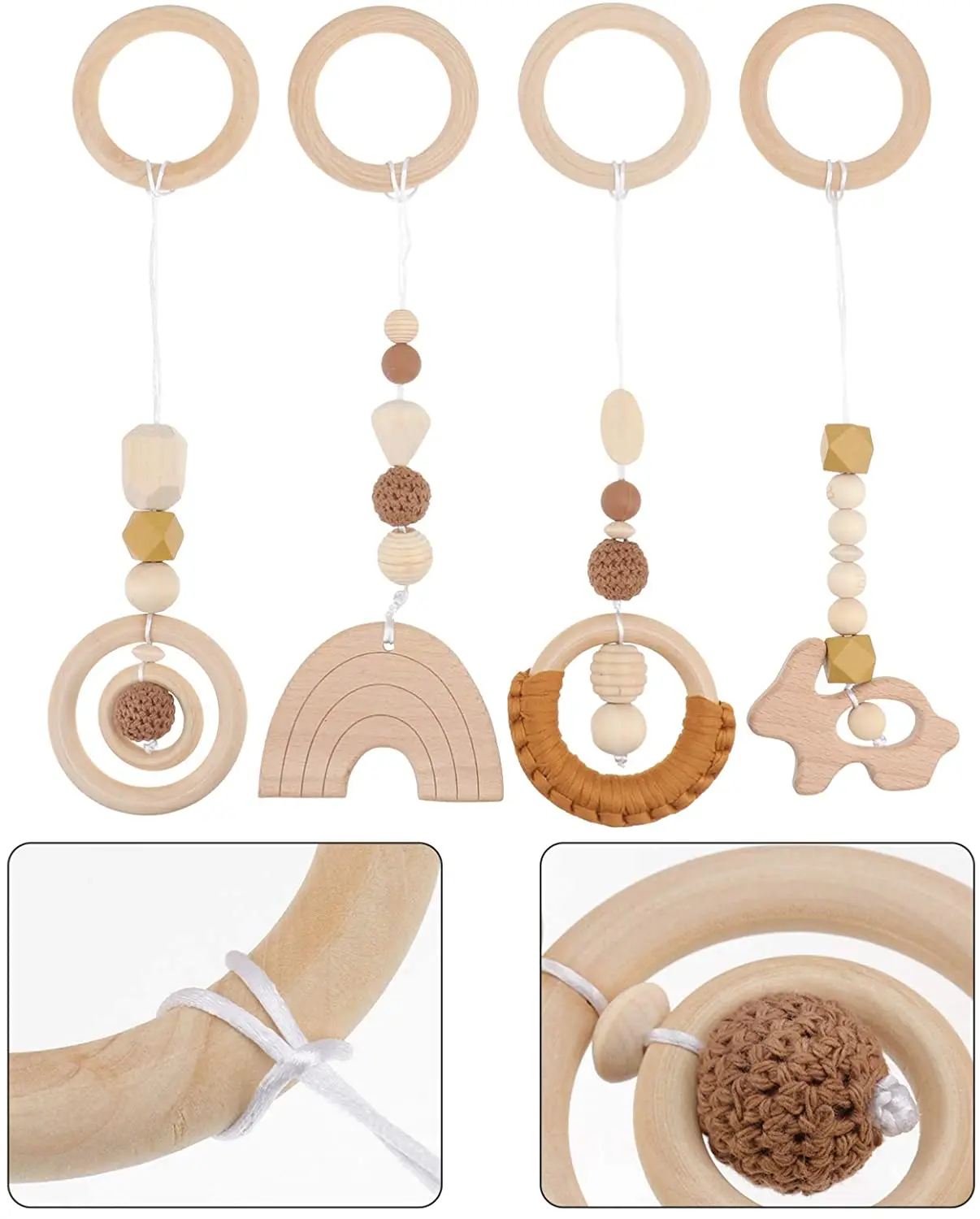 Winning New Woolen Beads Baby Room Decoration Pendant Beech Wood Teether Wooden Ring Baby Toy Set
