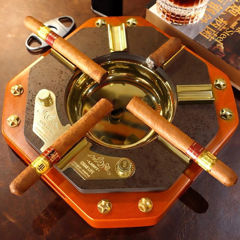 Cigar ashtray made of solid wood and brass,hide cigar punch andconvenience groove
