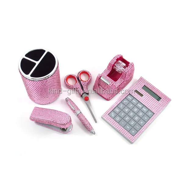 6 Piece Clear Crystal Office Supply Set: Pen Holder, Scissors, Calculator, Pen, Tape Dispenser & Stapler