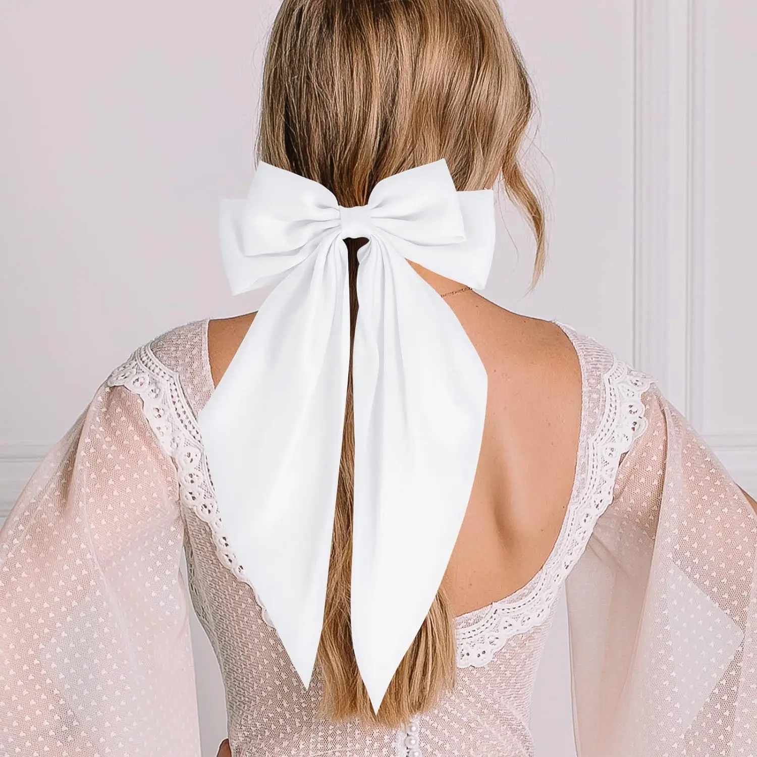 Big Bow Hair Clips Solid Color Bowknot Hairpin French Barrette with Long Silky Satin for Adult Teens Women Hair Accessories