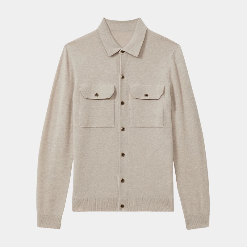 Custom logo autumn winter soft two chest pocket cardigan merino wool button front turn down collar man sweater