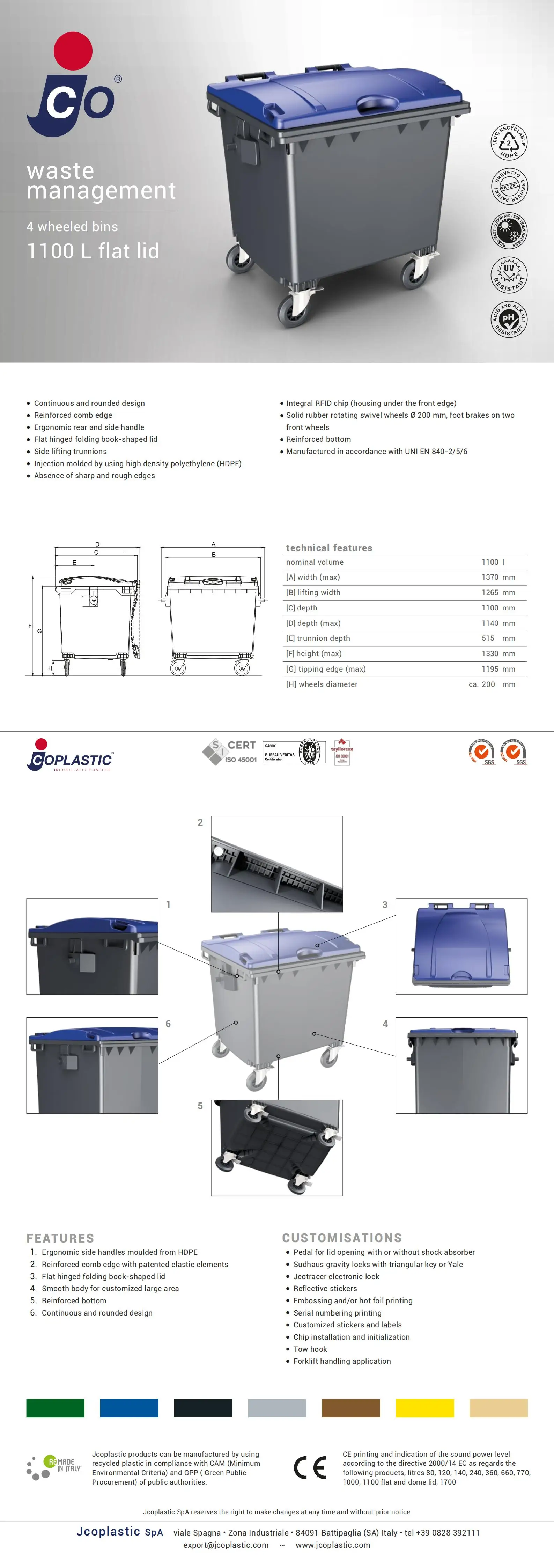 JCOPLASTIC SPA полиэтилен высокой плотности HDPE перерабатываемый для утилизации отходов 4 колесных 1100л корзина с плоской крышкой белого цвета