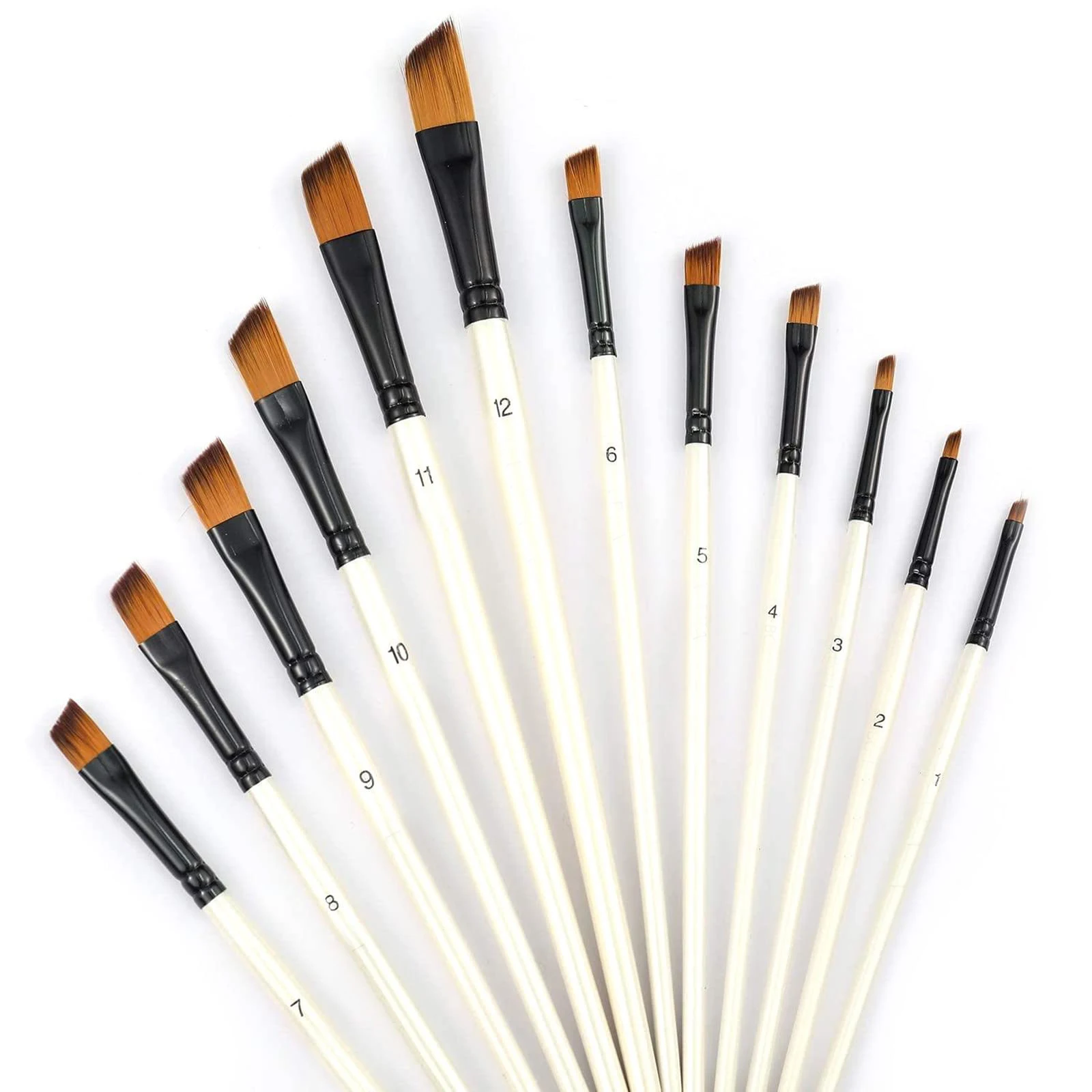 12 pcs art brush high quality cheap kit pearl white wooden handle nylon hair paint brush set for Acrylic oil watercolor paint