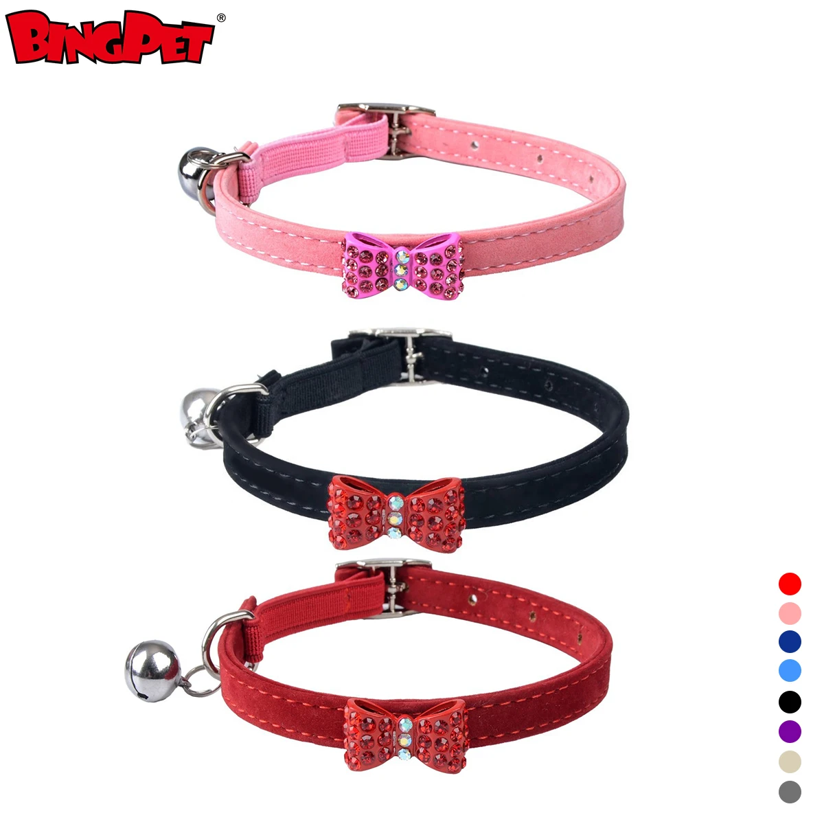 
Hot Selling Soft Flocking Velvet Rhinestone Crystal Bow Tie Elastic Belt Bell Cat Collar 