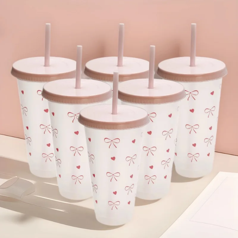 Promotion Stadium Pink Bow Plastic Cup With Lid And Straw Reusable Clear Cup