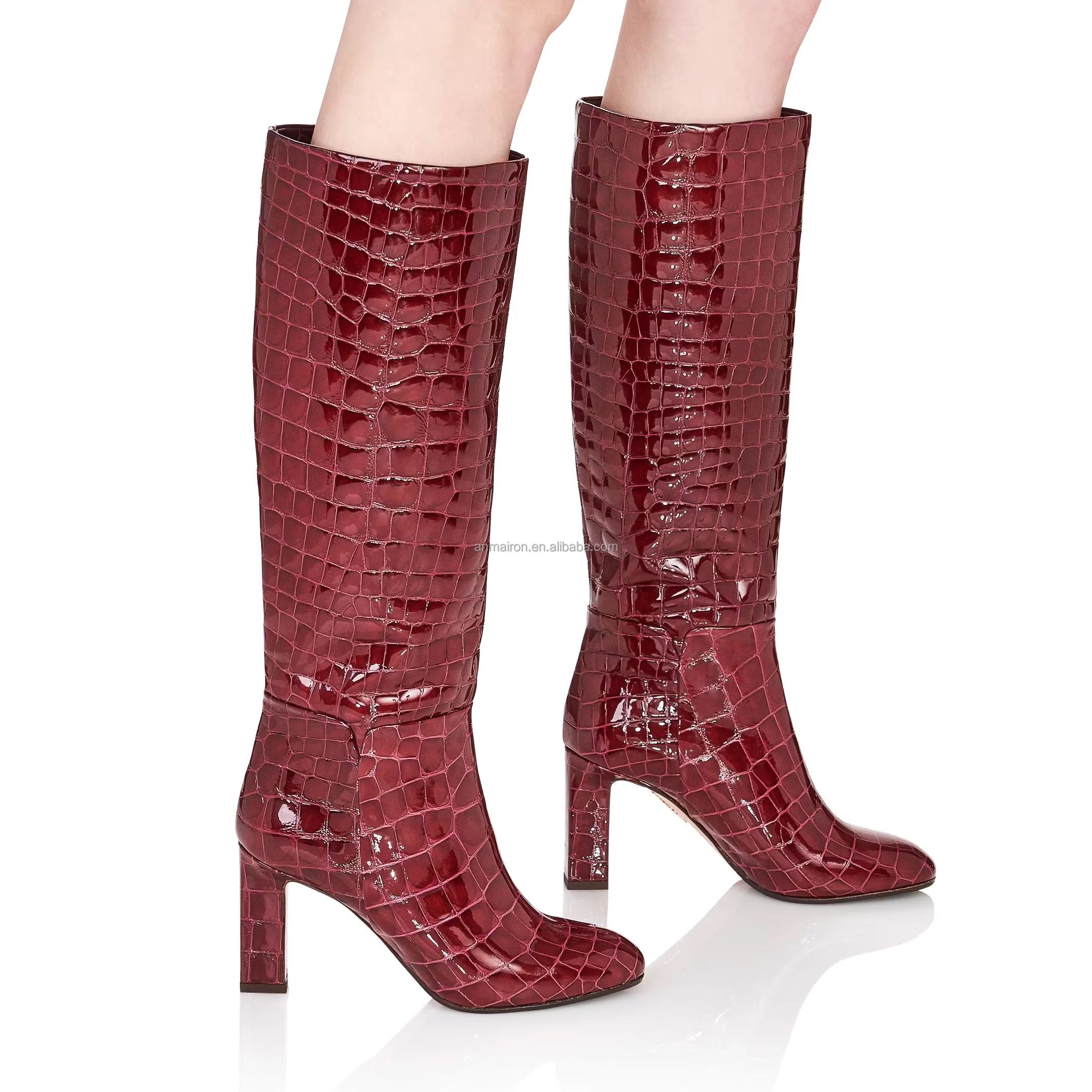 Anmairon new arrival red shiny PU knee high heel chunky heel women boots
