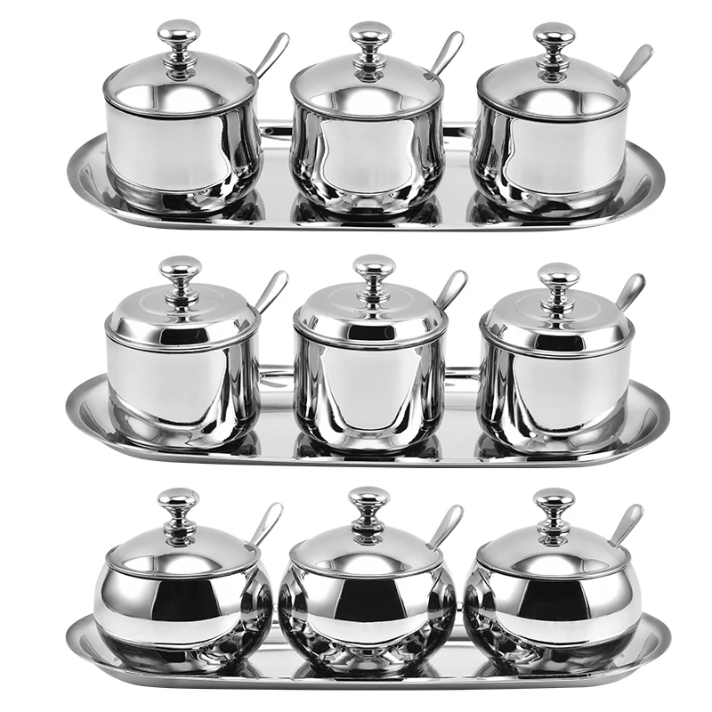 Cafe Restaurant Stainless Steel Kitchen Seasoning Pot 3 Pack Set Mirror Polish Metal Pepper Sugar Salt Bowls Canisters