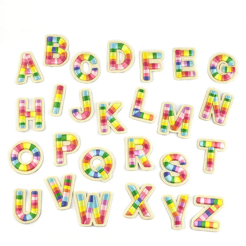 Rainbow Alphabet Embroidered Patches 3D Colorful Striped Letters Patches Self-adhesive Patches