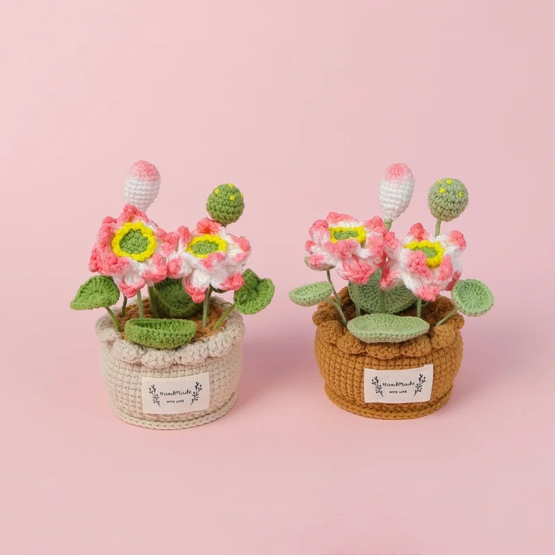 H161 Handmade Crocheted Lotus World Mini Landscape Potted Plants Woolen Simulation Flowers Fake Flowers Home Decorations