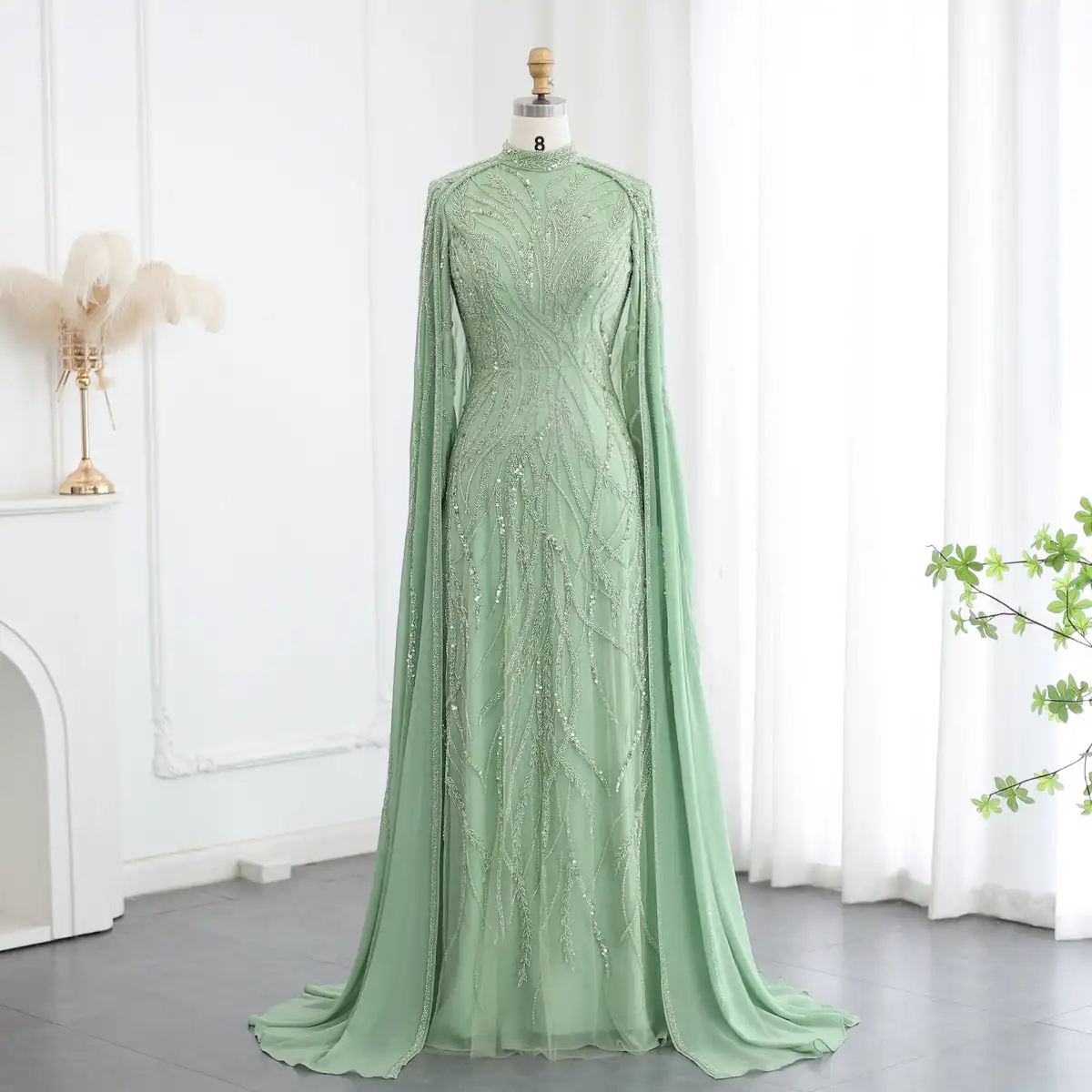 Luxury Beaded Sage Green Muslim Evening Dress With Cape Long Sleeves Arabic Dubai Women Wedding Party Gowns Lsz387
