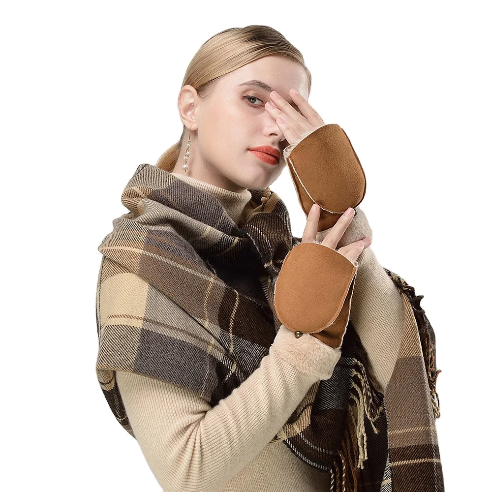 Custom Solid Color Polyester Fur Lining Warm Knitted Fingerless Gloves Winter