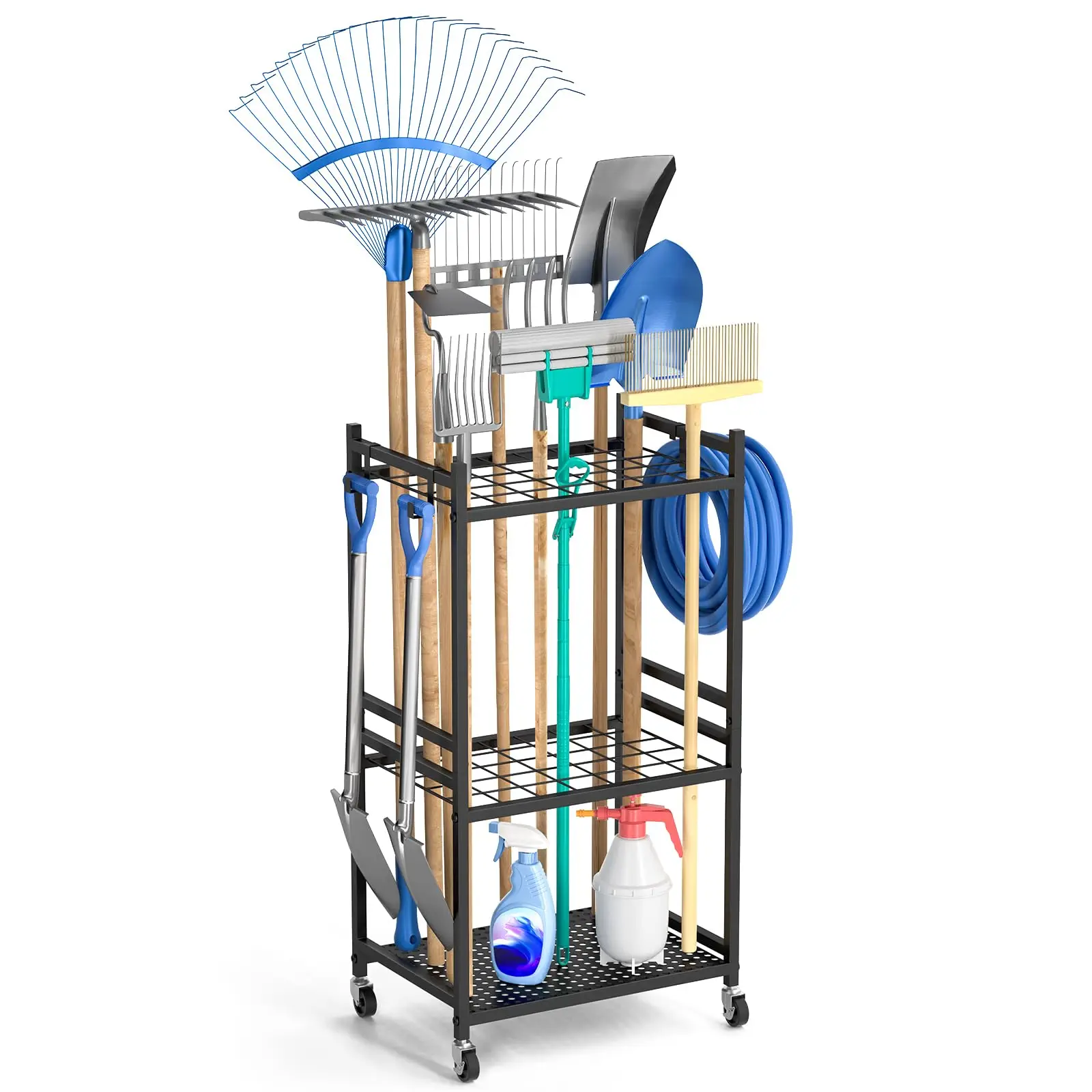 Black 3 Tiers Yard Tool Organizer Rack With 9 Hooks For Garage Multi-function Heavy Duty Garden Tool Storage Rack