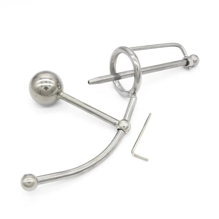 Stainless Steel Male Chastity Device With Catheter And Anal Plug Cock Cage Penis Ring