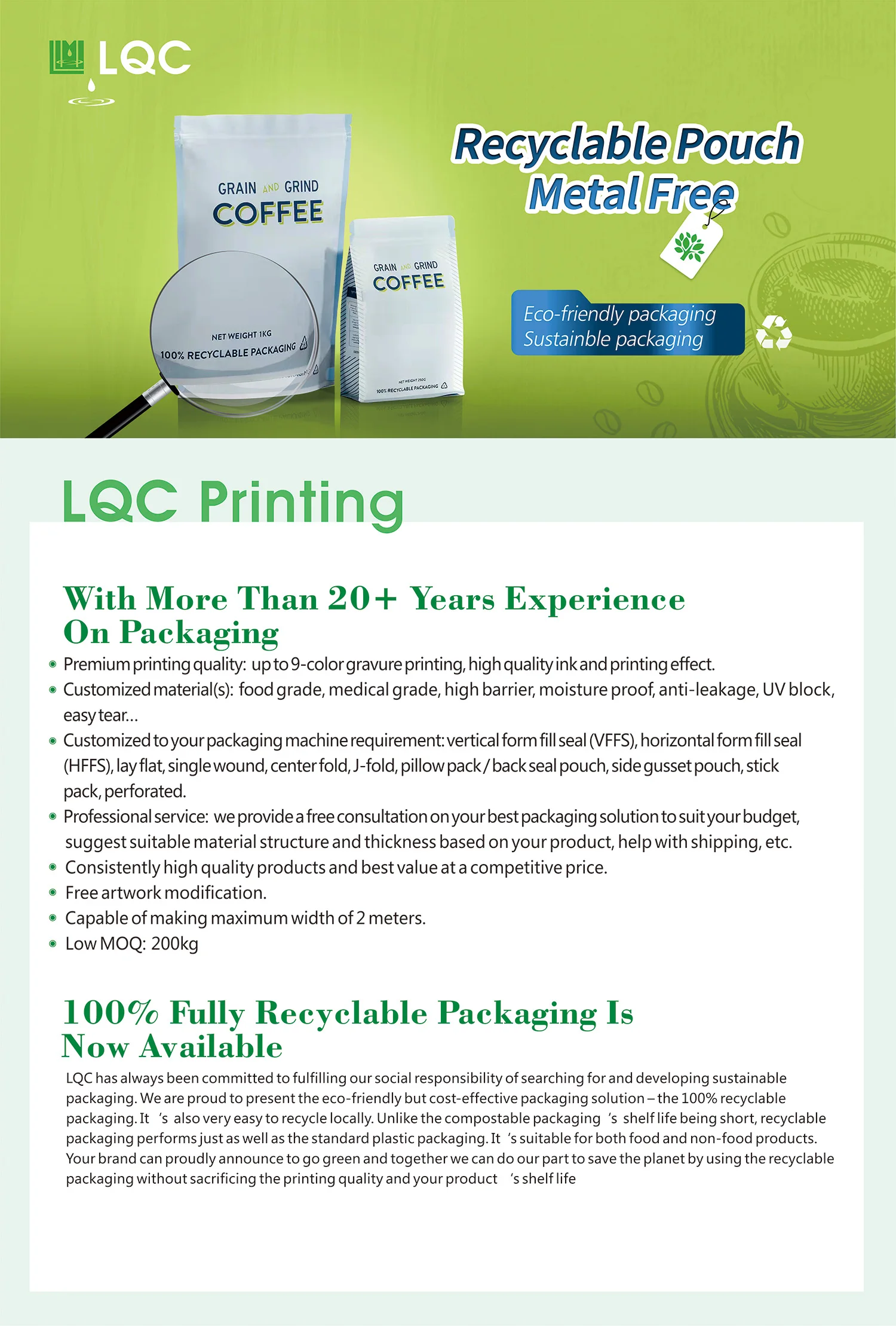 Custom printed kraft empty flat bottom coffee bean tea packaging bags with valve zipper and window