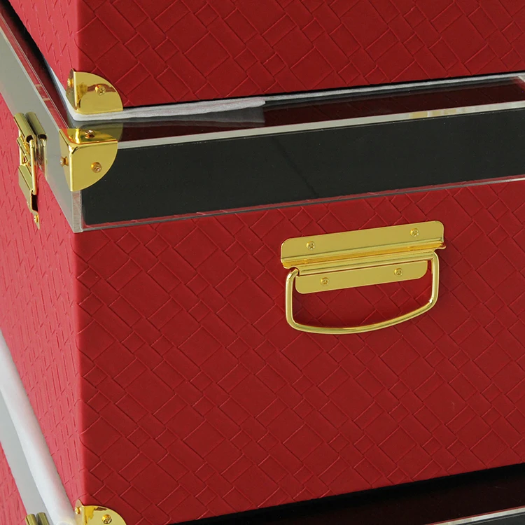 Red leather wooden trunk set of 3 storage trunks with acrylic lid