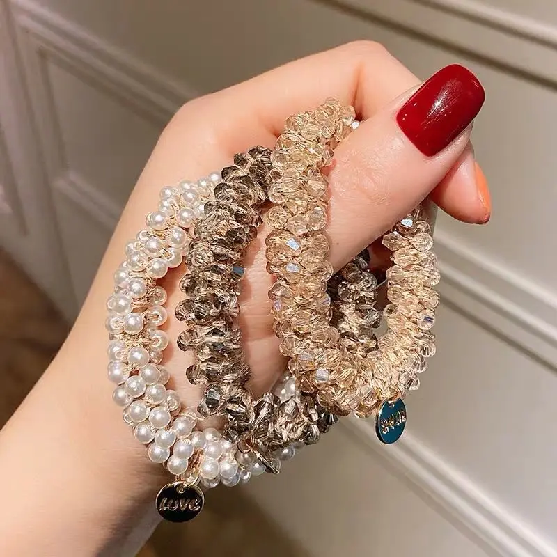 Elastic Hair Ties with Metal Charms Korean INS Pearl Hair Rope Crystal Hair Ring Tie Horse Tail Rope Bracelet Dual Use