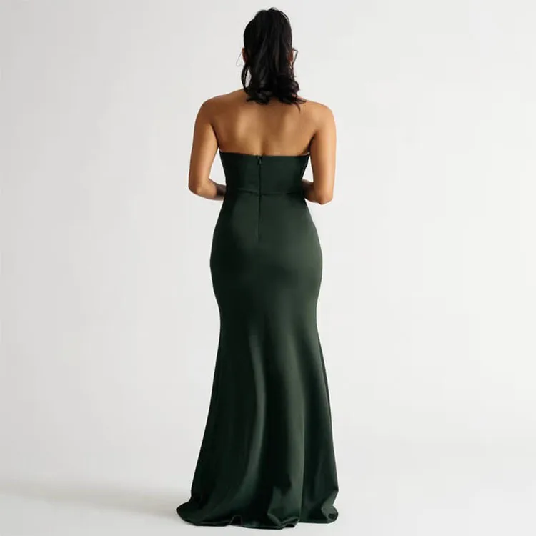 New fashion strapless lace satin slit plus size maxi dresses prom emerald green long gown evening dress