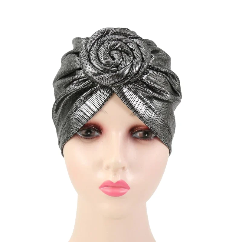 Women Turban African Pattern Headwrap Solid Pretied Flower Knot Bonnet Hat for Women Girls New Fashion Wholesale Gold Silver