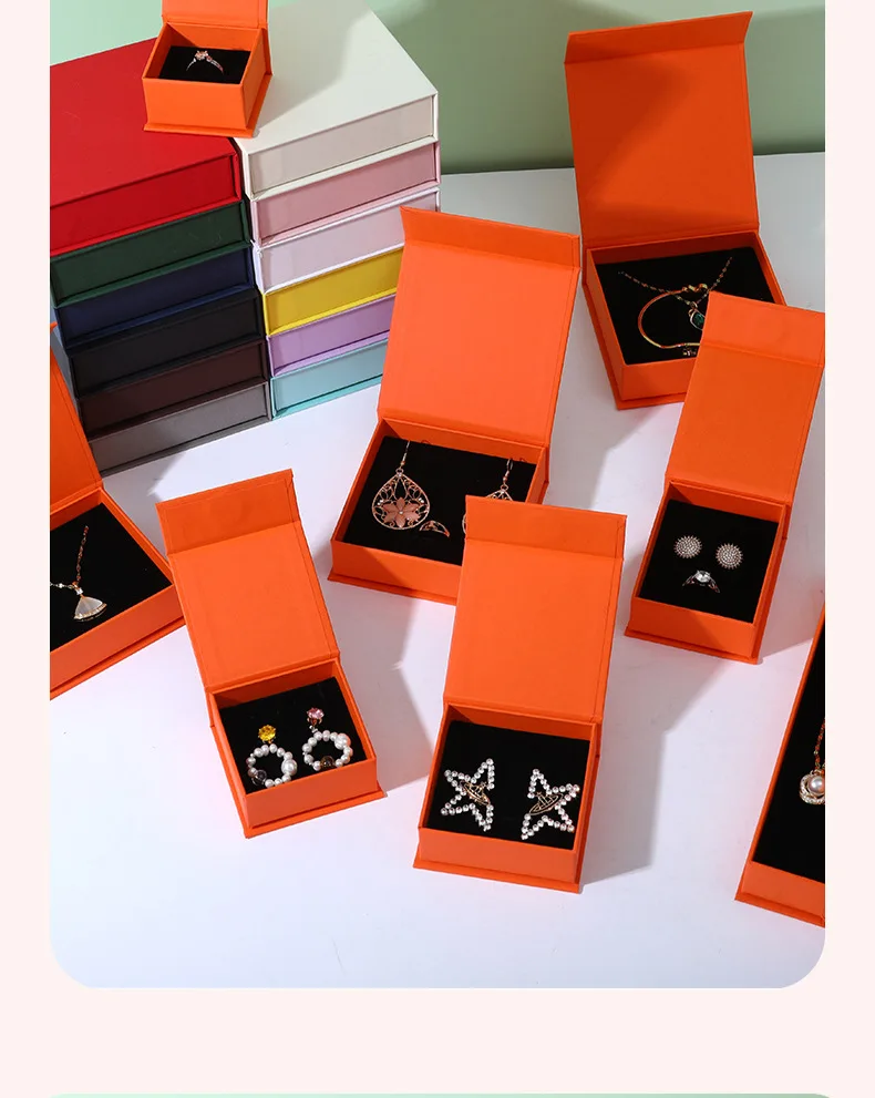 Custom Logo Paper Cardboard Jewelry Packaging Box Black Orange Necklace Earring Bracelet Ring Magnetic Jewelry Box