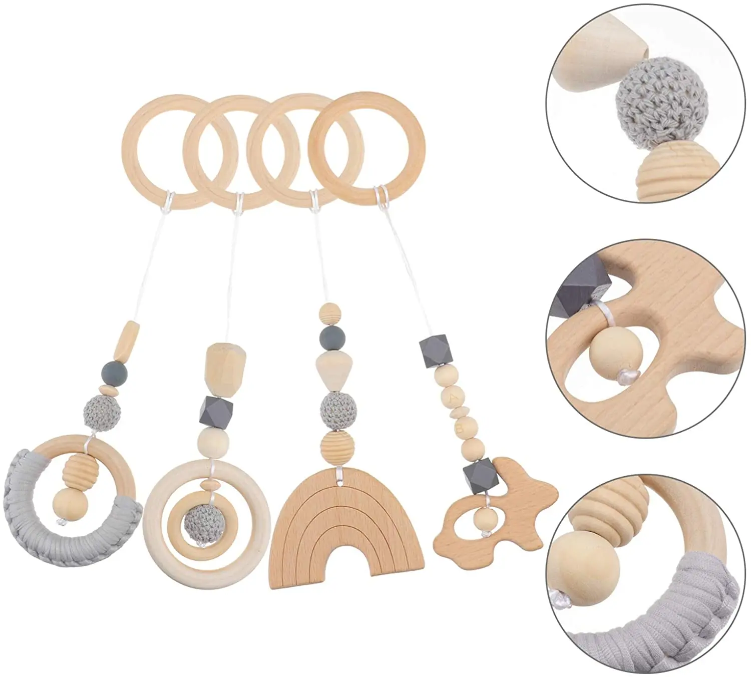 Winning New Woolen Beads Baby Room Decoration Pendant Beech Wood Teether Wooden Ring Baby Toy Set