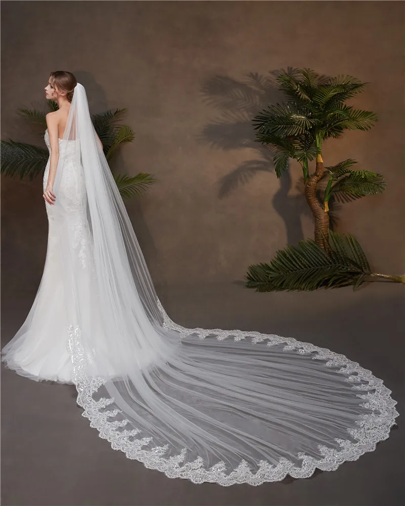 Wholesale Top Quality Long Lace One Layer White Ivory 3 Meters Width 3.5 Meters Long Wedding Veil for Bridal With Comb MLVB11