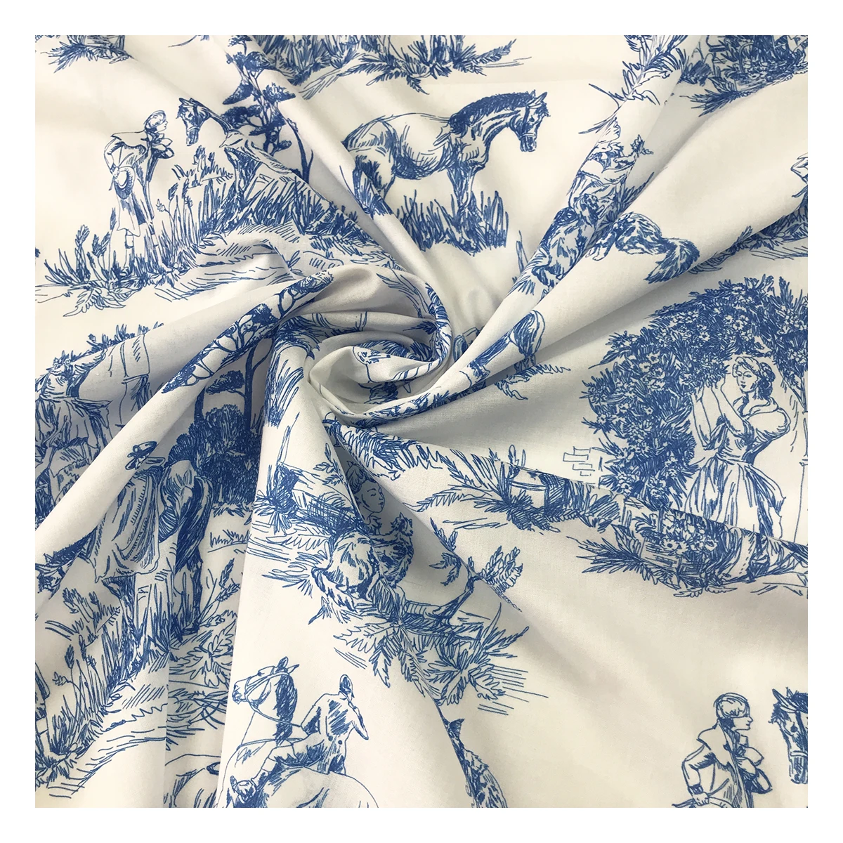 The factory outlet popular cotton voile customize digital printing blue toile de jouy fabric for clothing