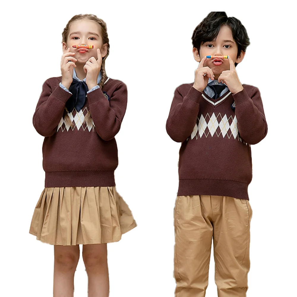 
England style school uniform custom 100% cotton long sleeve pullover fashions crewneck sweater for kids 