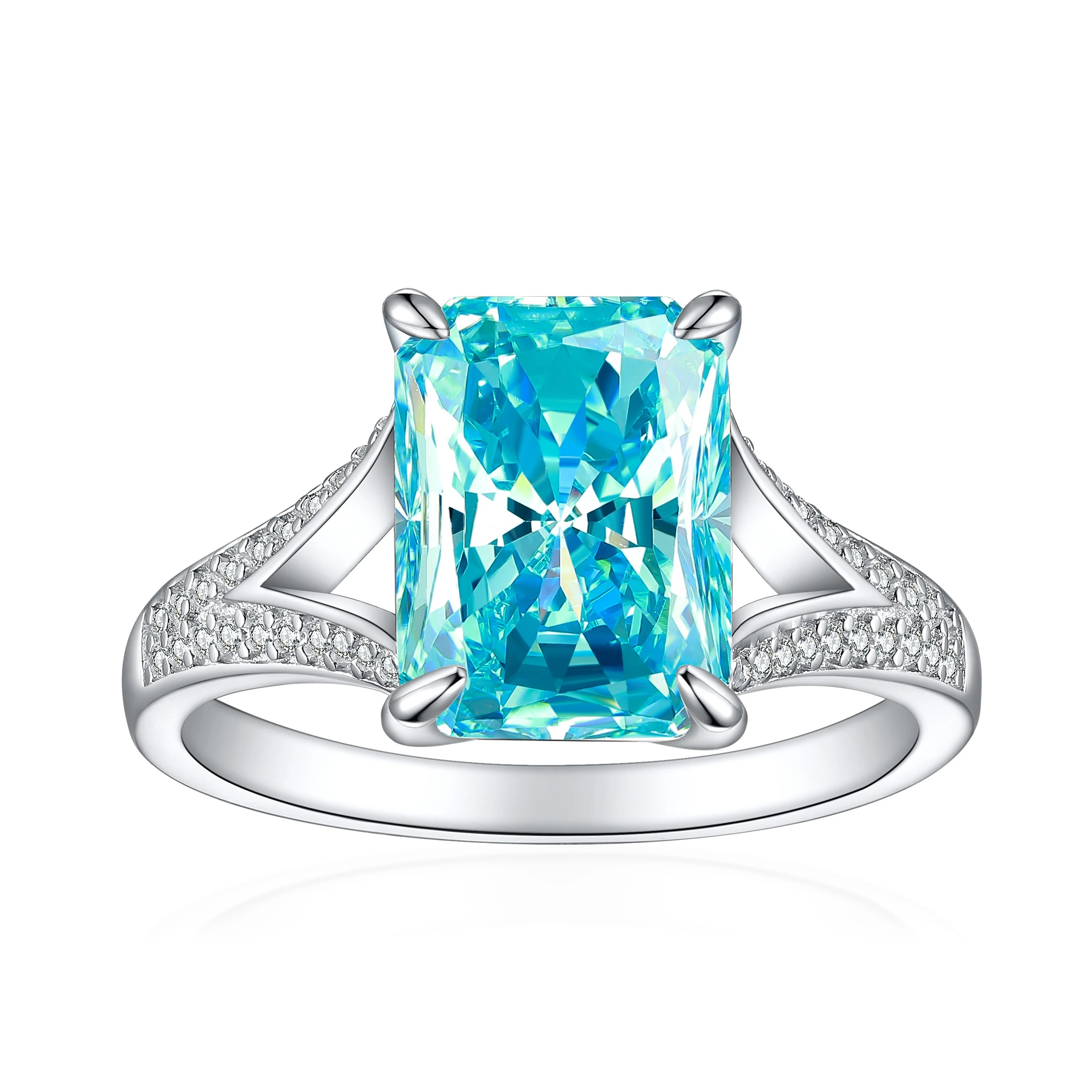 Custom Birth Stone Rings Rhodium Plated Iced Cut Non Fade 925 Sterling Silver Engagement Rings with Blue Stone