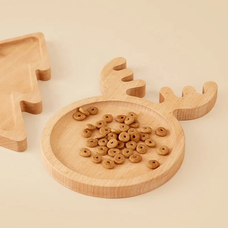 Natural Solid Wooden Snack Tray Christmas Trees and Reindeer Rudolph Plate Beech Wood Pallet For Kitchen