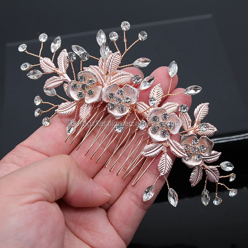 Wedding bridal jewelry set Tiara luxury 3 pcs gold color metal leaves 4 flowers rhinestones U shape hair pins and hair combs set
