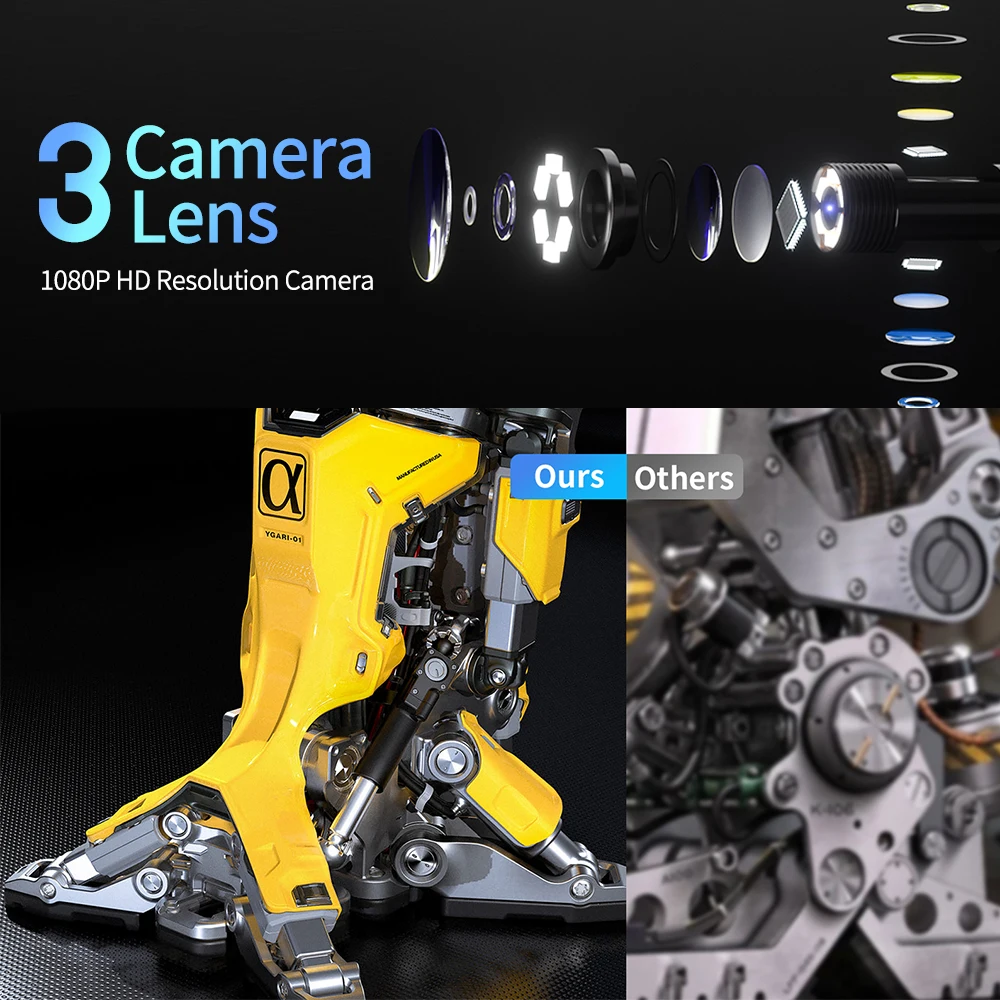 Industrial Endoscope Camera 5.5/8MM 1080P HD Digital Three Lens Borescope Camera 4.3 Inch LCD Snake Camera with 32GB TF Card