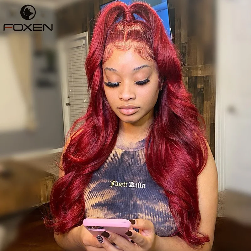 Cherry Red Lace Front Human Hair Wigs with Baby Hair Brazilian Real 13x4 Red Body Wave Lace Front Wigs Baby Hair Bleached Knots