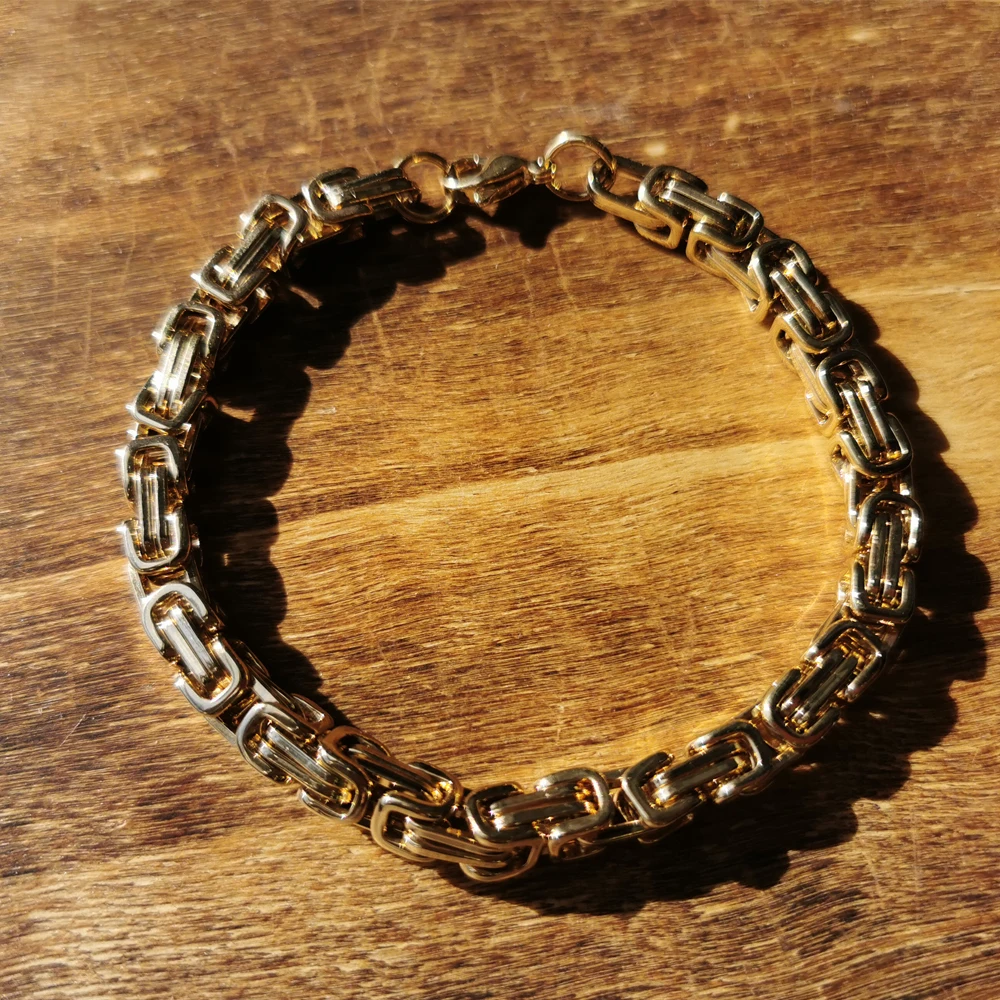  Hot Selling Men Charm Bracelet European Style Gold Plated Stainless Steel Byzantine Chain For