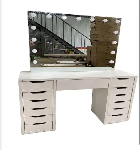 Dressing Table  Makeup Speaker Vanity Table with LED Mirror and Drawers