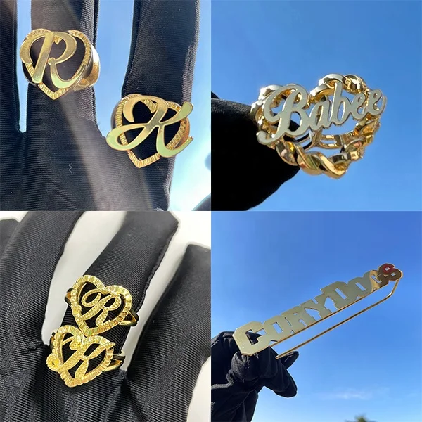 Heart Initial Twist 2 tone Gold Custom Cursive Letters finger stack Personalized 3d Script Letter Nameplate Wedding Couple Ring
