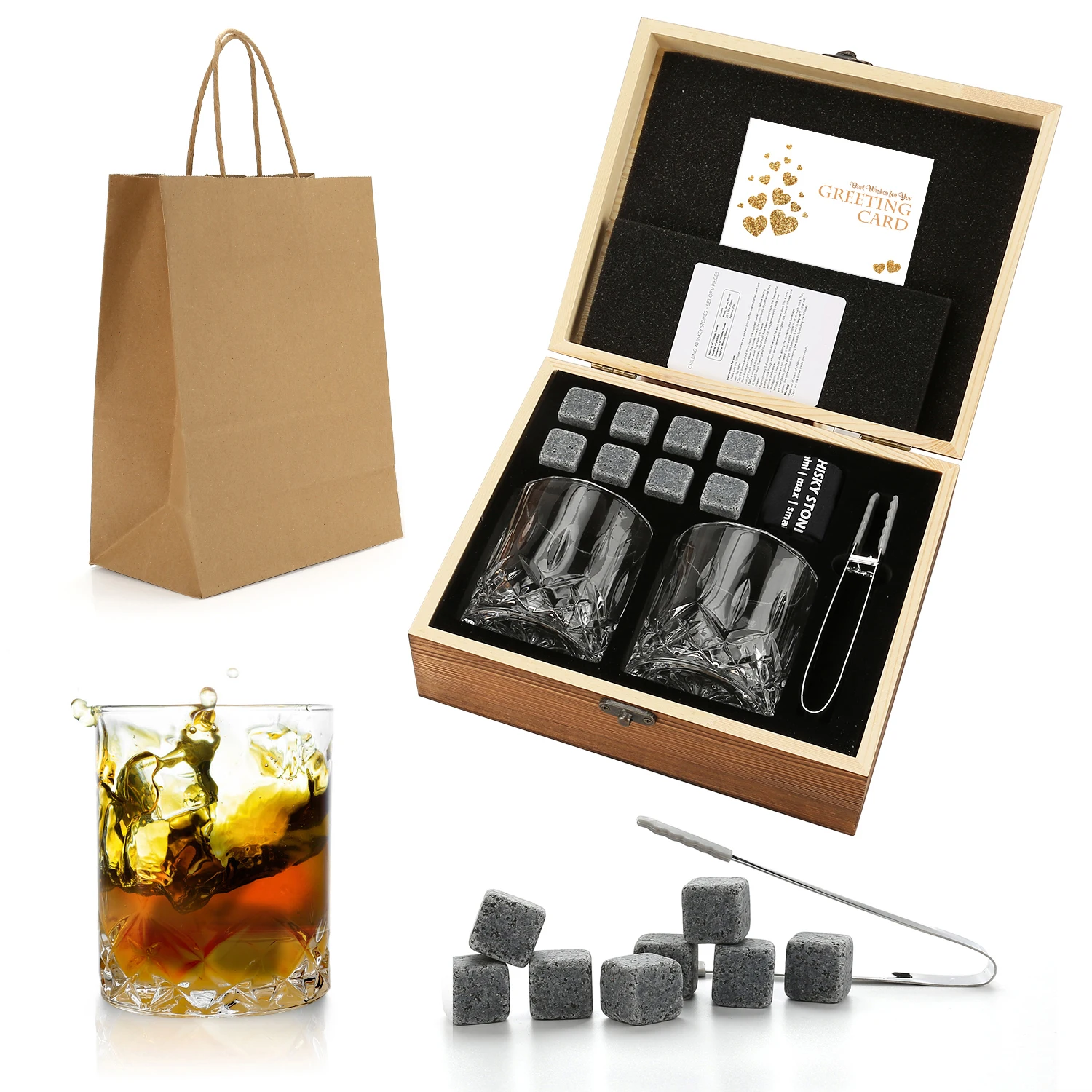 Whiskey stones gift set  And Glasses Granite Ice Cube for Whiskey Whisky Chilling Rocks in Wooden Box Best Whiskey Gift