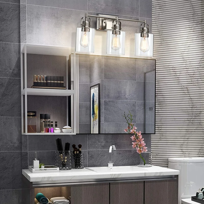 Bathroom Light Fixtures Modern Farmhouse 3 Light Vanity Light Indoor Wall Lamp in Satin Nickel Finish Clear glass shade