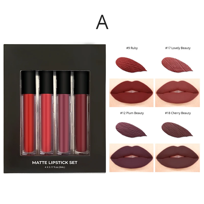 Wholesale Custom Logo Lip Gloss 4 colors Beauty Gift Matte Lip Makeup Liquid Lipstick Lipgloss Vendor