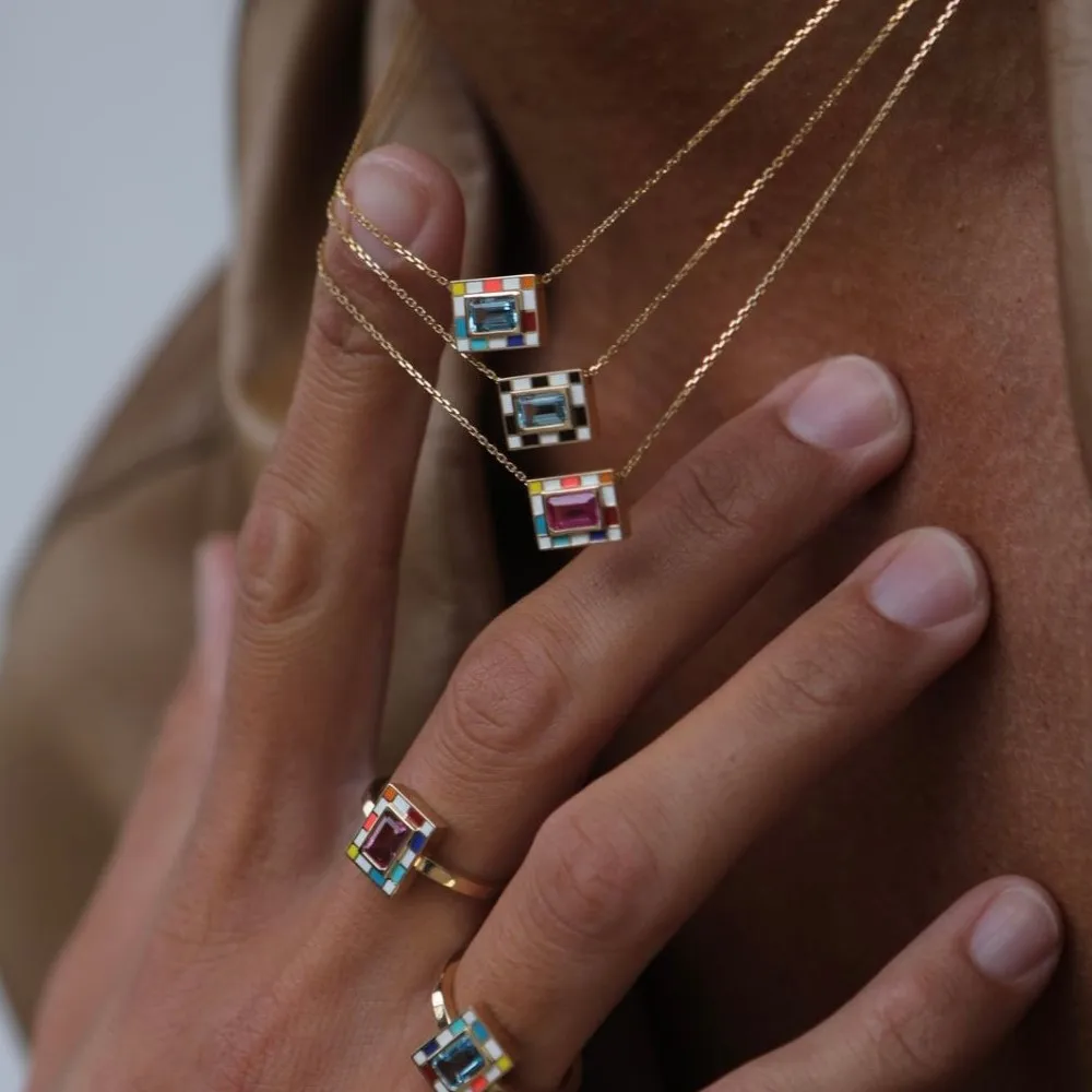 green topaz central stone black and white enamel frame Chess Mini Pendant necklace