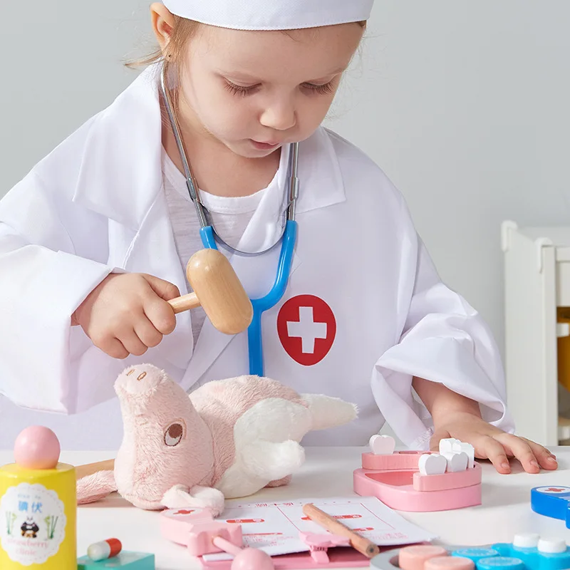 Montessori Educational Wooden Toys Set Children Pretend Play Nurse and Doctor Toy with Simulation Medicine Box Wood Material