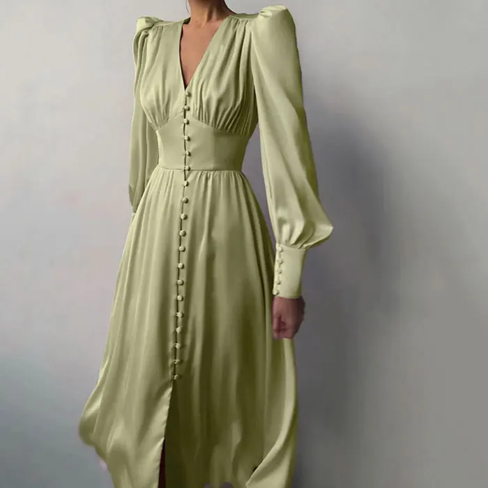 Hot sell custom muslim womens long dresses modest evening prom silk maxi satin puff long sleeve dress for ladies