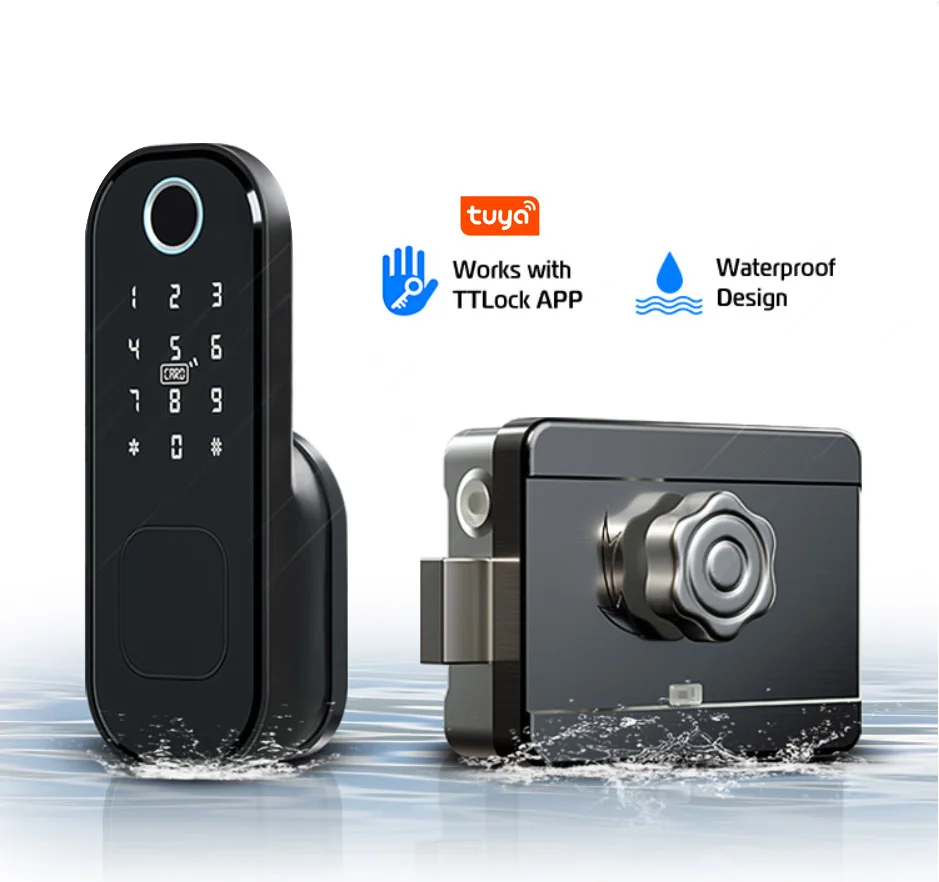 FXL TuYa Waterproof Outdoor Smart IP65 Fingerprint Door Lock Digital IC Card Rim Electronic Motise Lock WiFi Knob